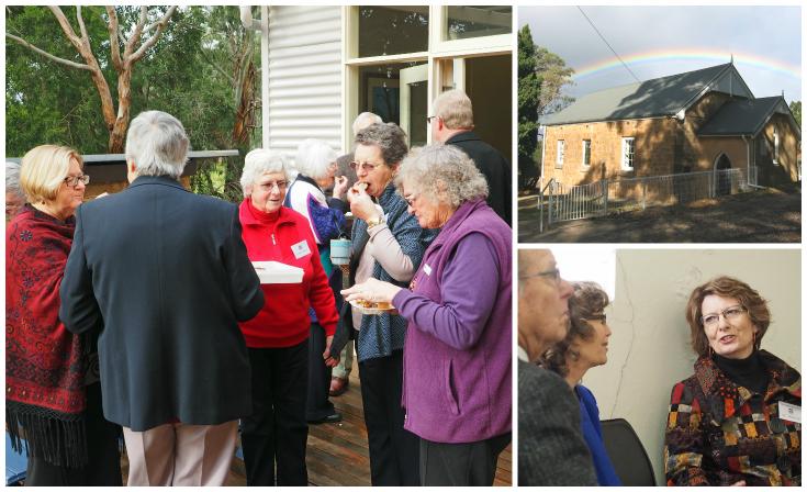People attend the opening and dedication event (left, bottom right) at Cherry Gardens Uniting Church. The congregation's chapel (top right) was opened on 26 March 1849.